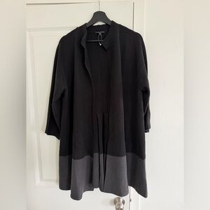 EILEEN FISHER Colorblock Cardigan Black Gray Silk Cotton Knit Mandarin Size XL